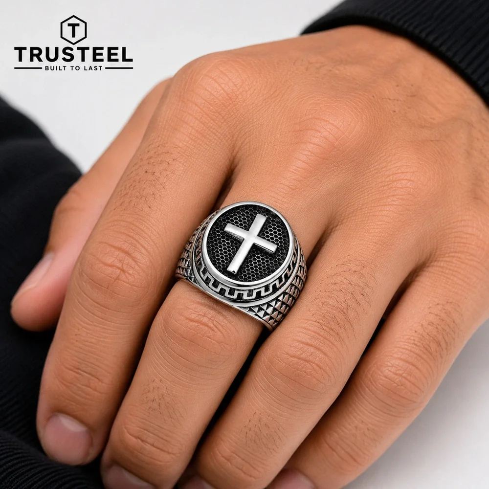 Men’s Stainless Steel Cross Signet Ring Christian Gothic Biker Statement Size 9